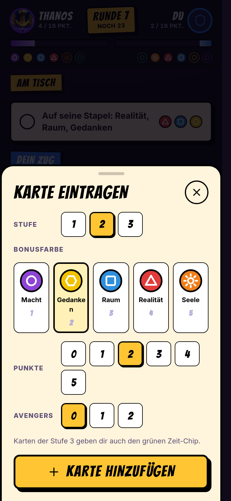 Karte eintragen: Stufe, Bonusfarbe, Punkte und Avengers-Symbole