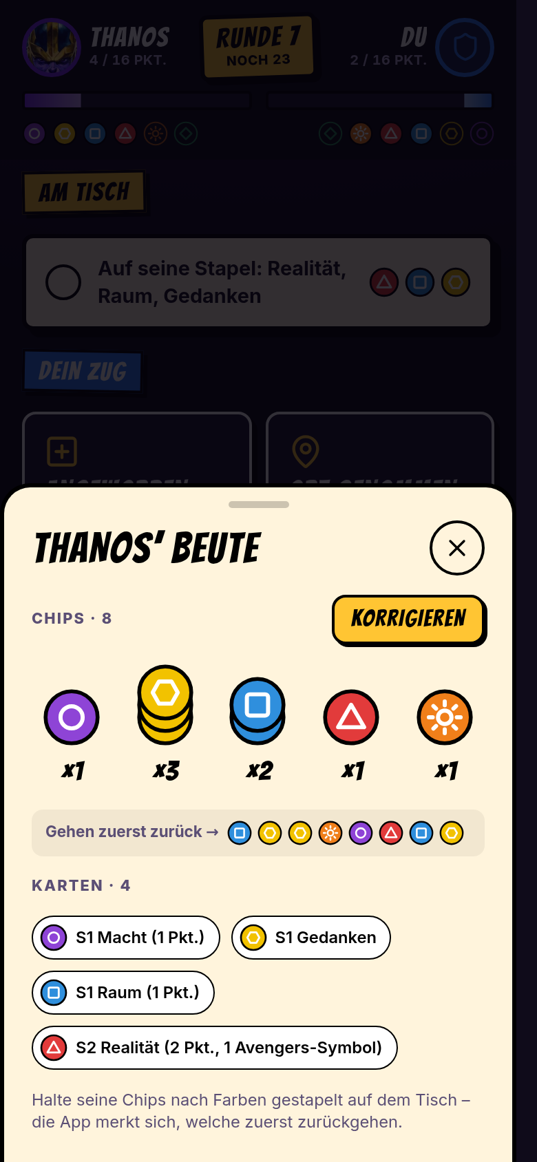 Thanos’ Beute: Chip-Stapel, Rückgabereihenfolge und seine Karten