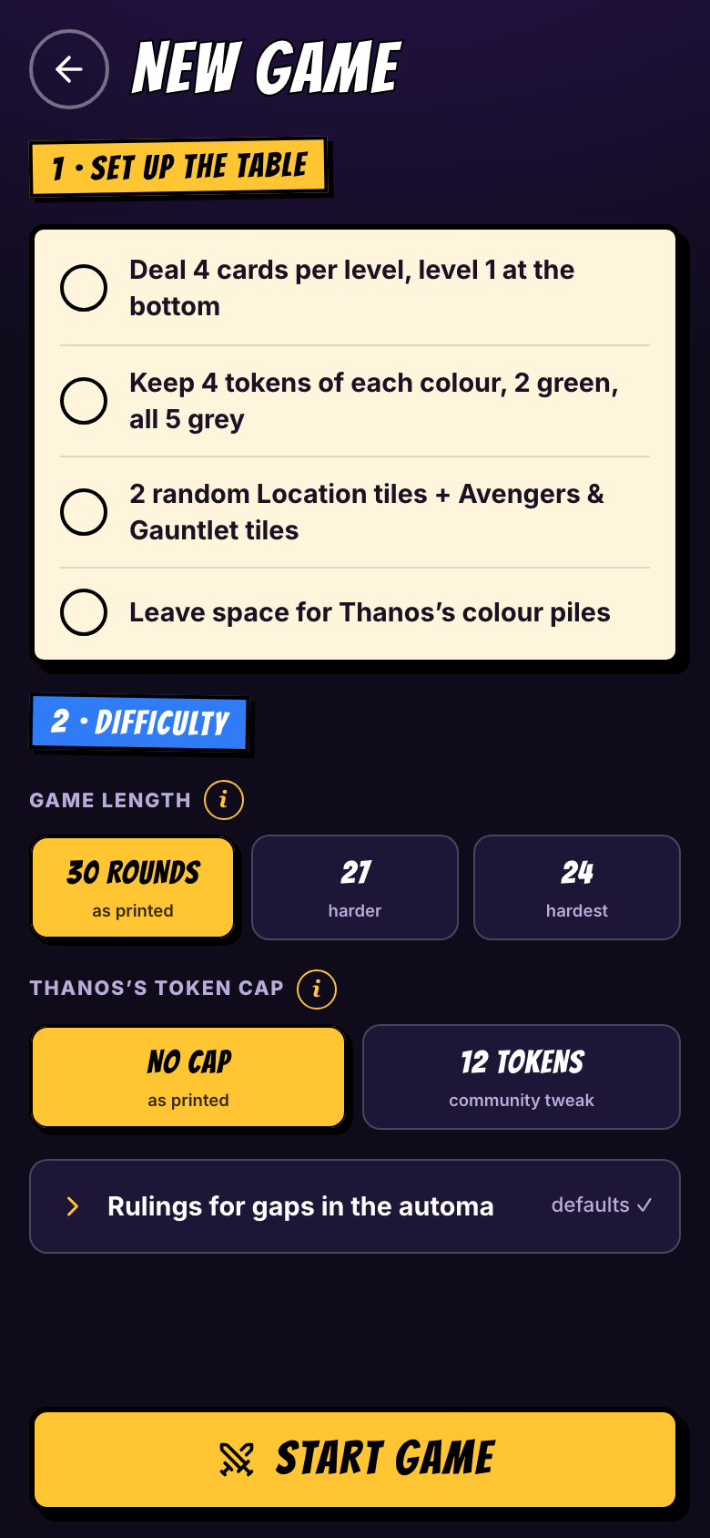 New game setup: table checklist and difficulty