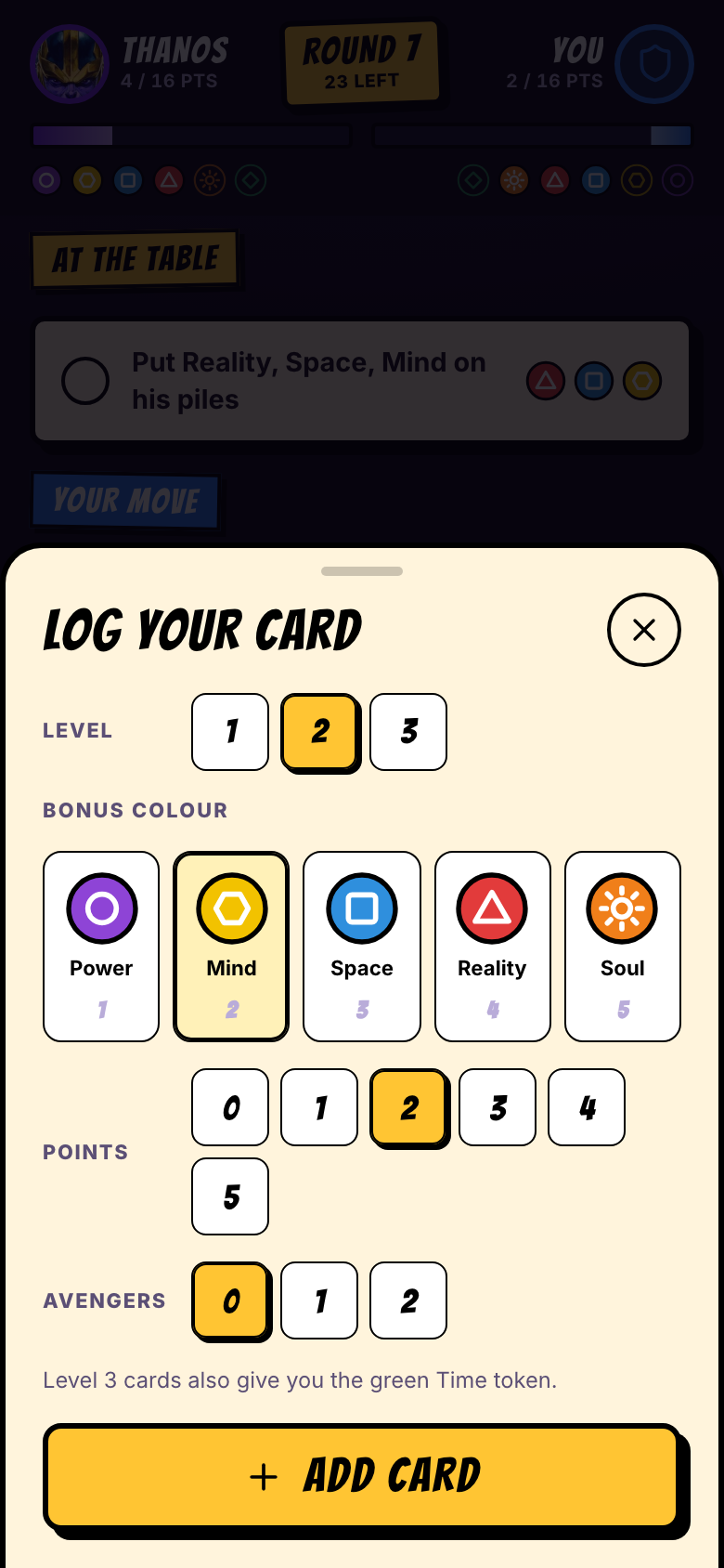 Log your card: level, bonus colour, points and Avengers tags