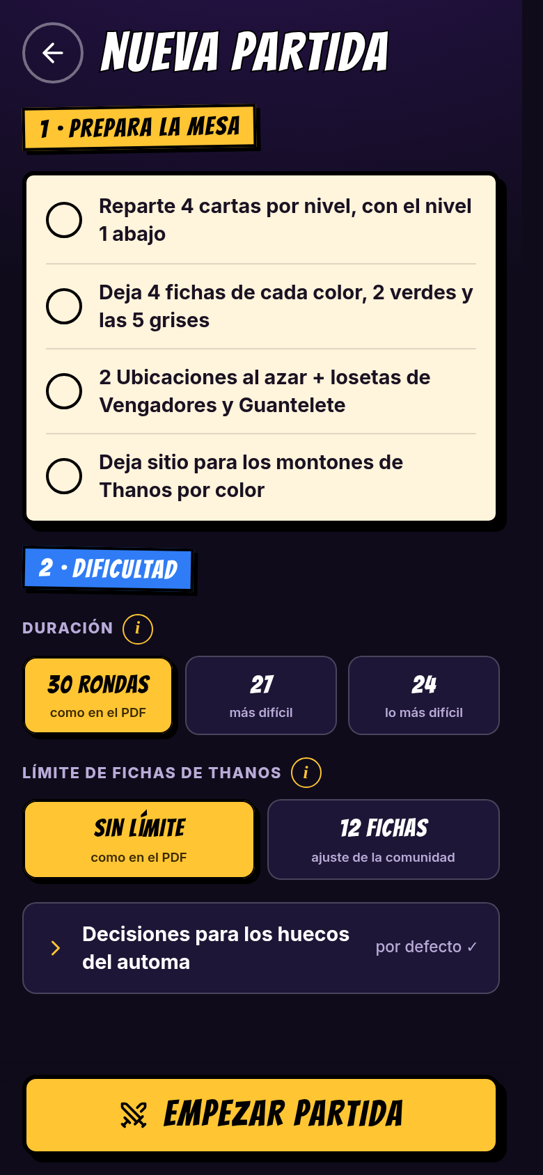 Nueva partida: lista de preparación y dificultad