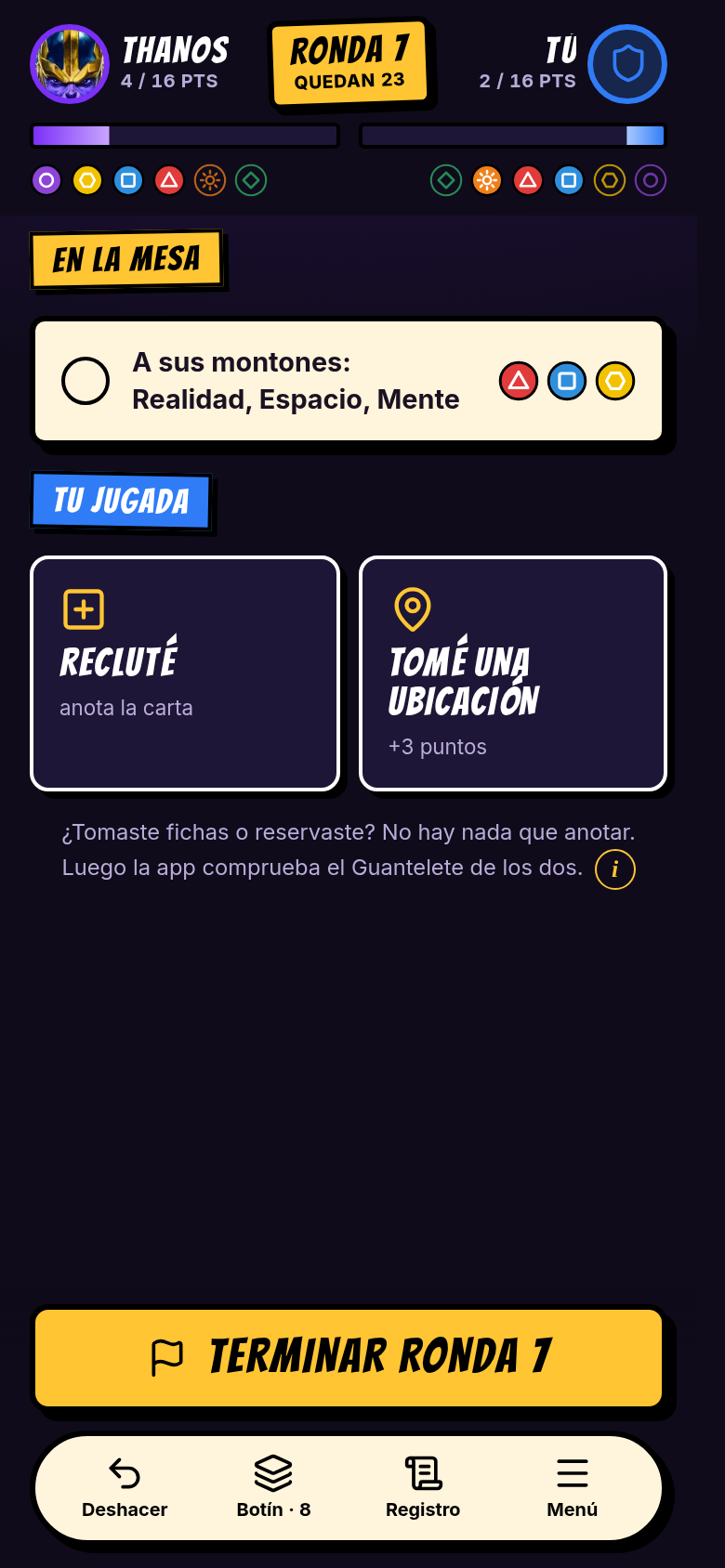 En la mesa: una lista de su jugada y luego tu jugada