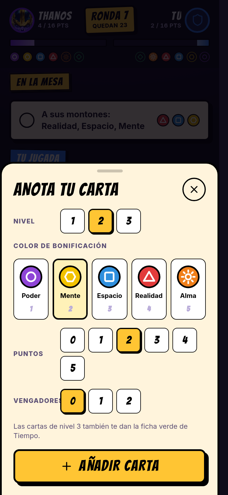 Anota tu carta: nivel, color de bonificación, puntos y símbolos de Vengadores