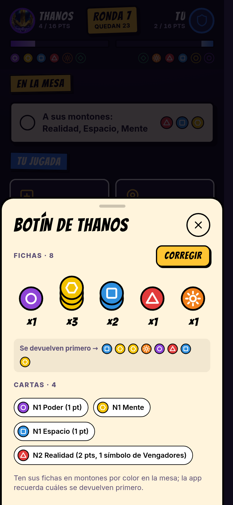El botín de Thanos: montones de fichas, orden de devolución y sus cartas